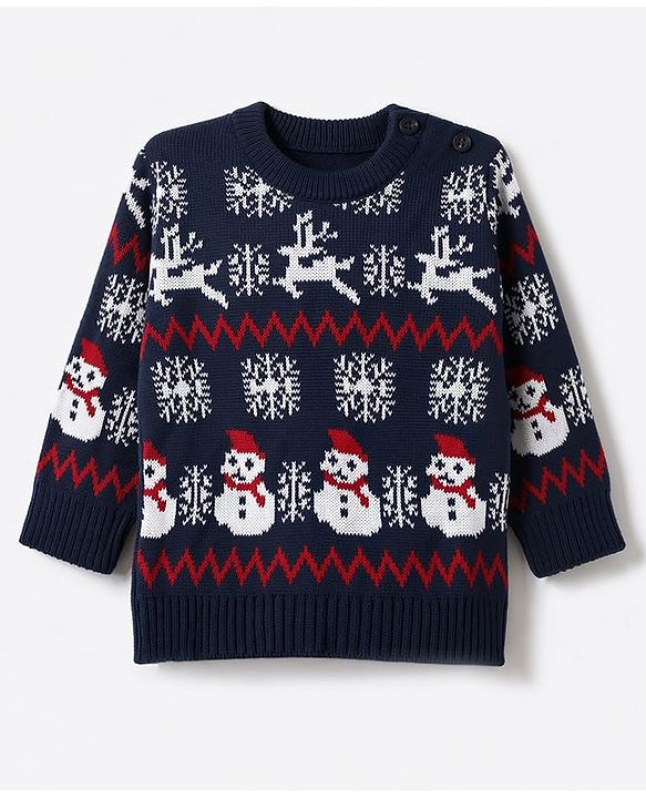 Babyhug Knit Full Sleeves Sweater Set with Snow-Man & Snow Deer Design - Navy Blue