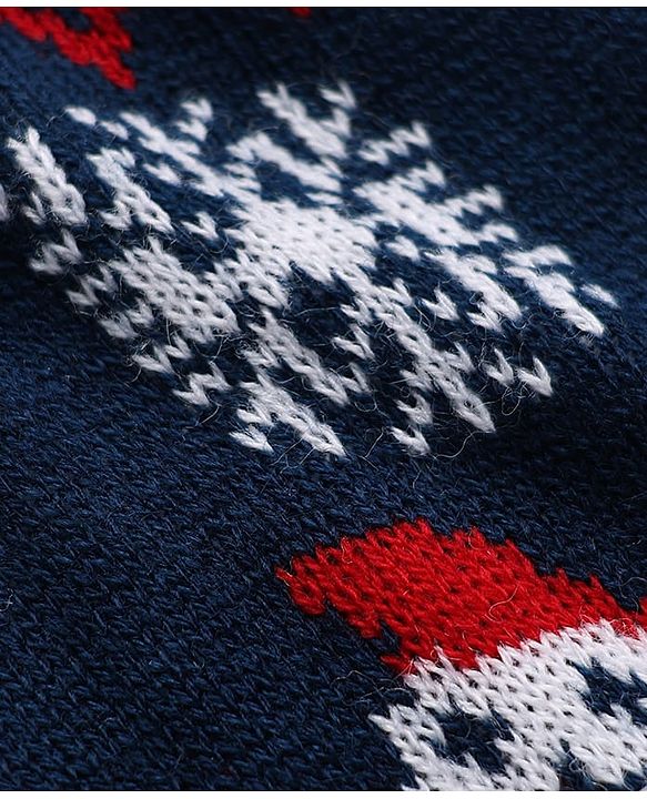 Babyhug Knit Full Sleeves Sweater Set with Snow-Man & Snow Deer Design - Navy Blue