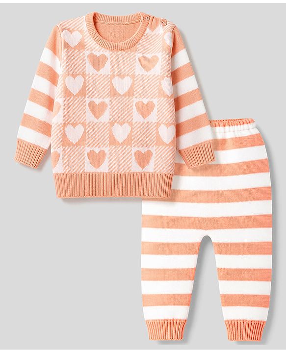 Babyhug Knit Full Sleeves Striped Sweater Set with Checks & Heart Design - Peach