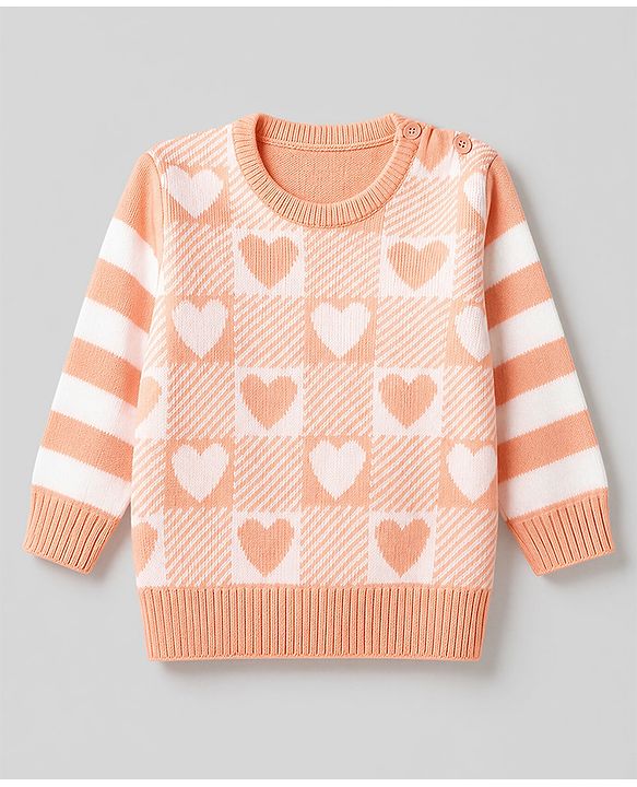 Babyhug Knit Full Sleeves Striped Sweater Set with Checks & Heart Design - Peach
