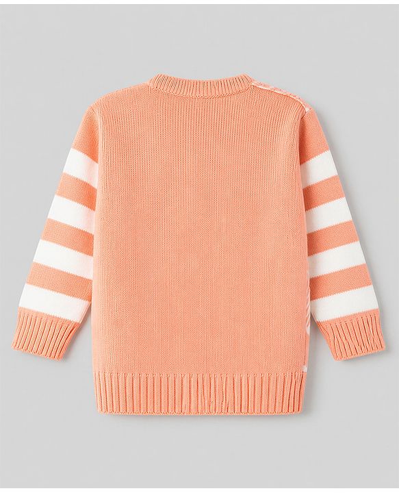 Babyhug Knit Full Sleeves Striped Sweater Set with Checks & Heart Design - Peach