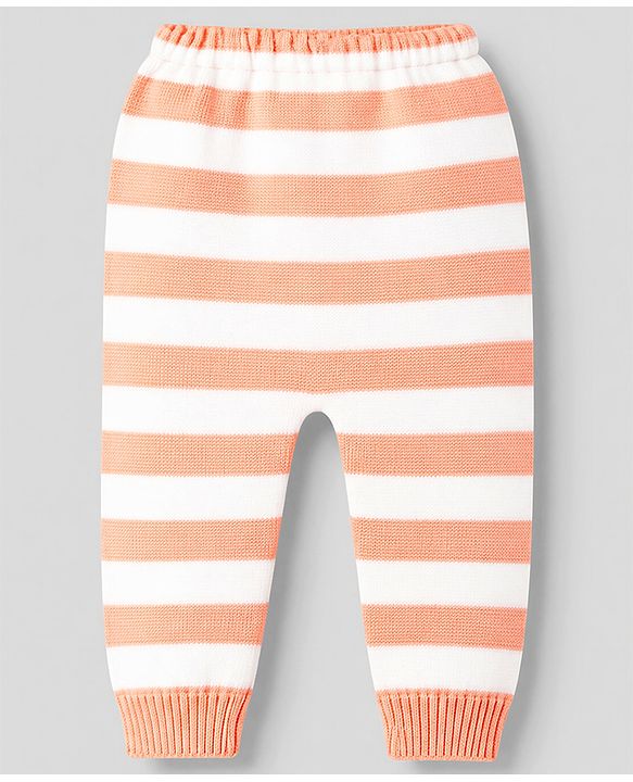 Babyhug Knit Full Sleeves Striped Sweater Set with Checks & Heart Design - Peach