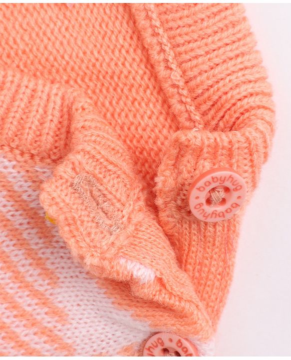 Babyhug Knit Full Sleeves Striped Sweater Set with Checks & Heart Design - Peach