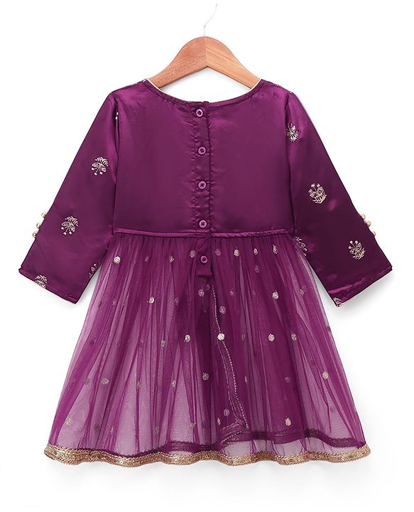 Babyhug Net Woven Full Sleeves Sequin Embroidered Longh Choli With Lehenga and Dupatta Set - Wine