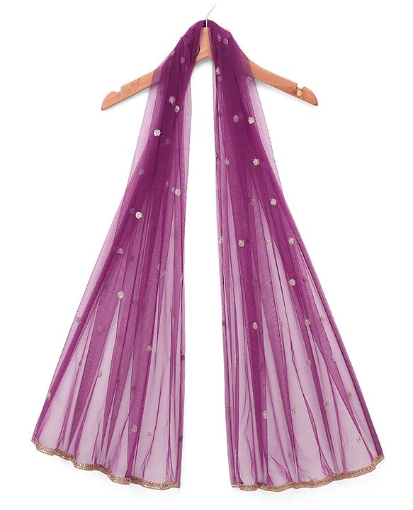 Babyhug Net Woven Full Sleeves Sequin Embroidered Longh Choli With Lehenga and Dupatta Set - Wine