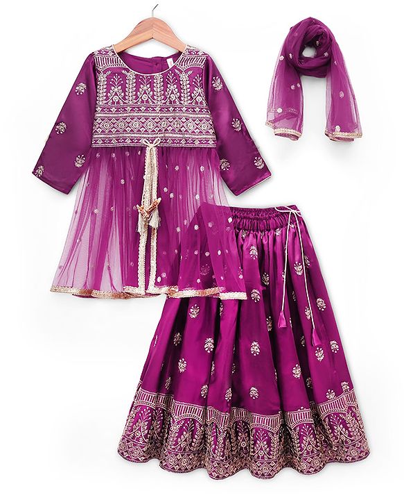 Babyhug Net Woven Full Sleeves Sequin Embroidered Longh Choli With Lehenga and Dupatta Set - Wine