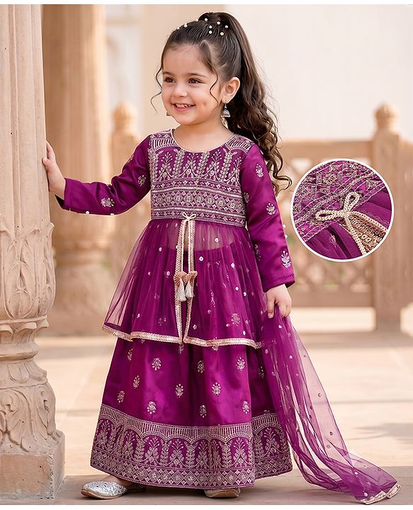 Babyhug Net Woven Full Sleeves Sequin Embroidered Longh Choli With Lehenga and Dupatta Set - Wine