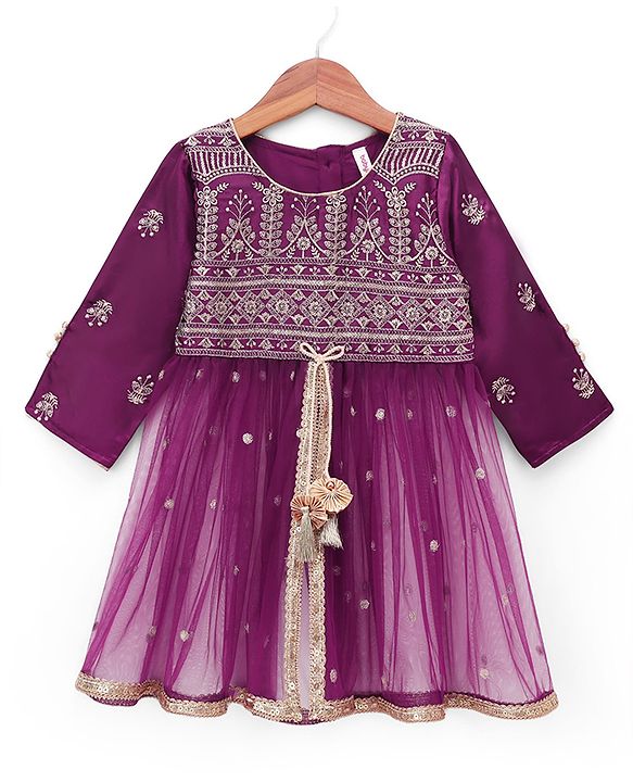 Babyhug Net Woven Full Sleeves Sequin Embroidered Longh Choli With Lehenga and Dupatta Set - Wine