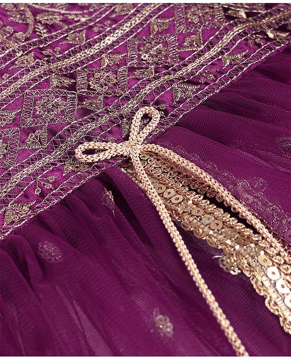 Babyhug Net Woven Full Sleeves Sequin Embroidered Longh Choli With Lehenga and Dupatta Set - Wine