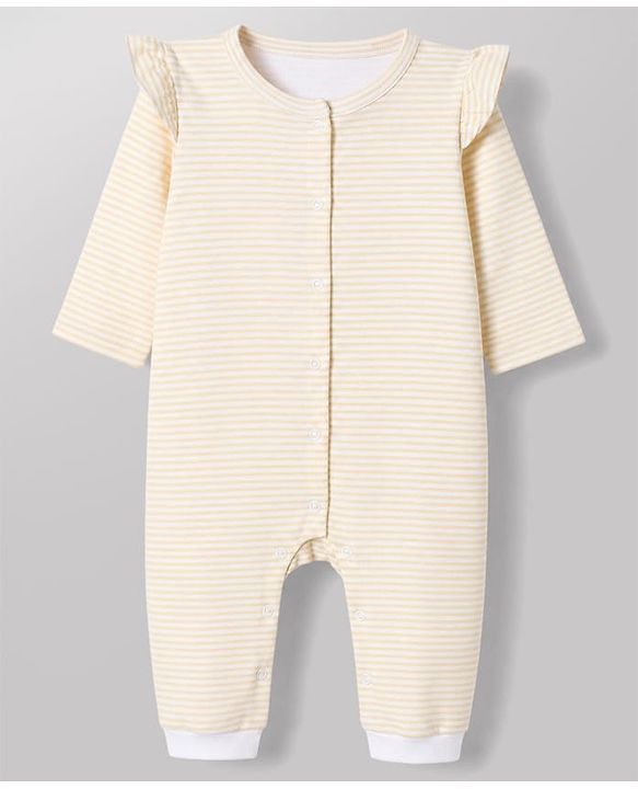 Babyhug 100% Cotton Interlock Knit Full Sleeves Striped Rompers Pack of 2 - Cream & Grey