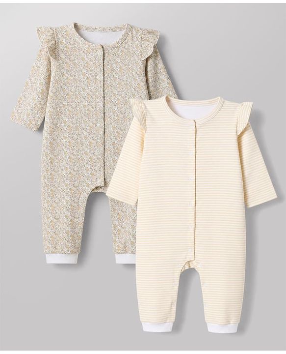 Babyhug 100% Cotton Interlock Knit Full Sleeves Striped Rompers Pack of 2 - Cream & Grey