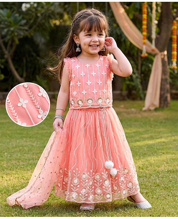 Babyhug Woven Sleeveless Embroidered Choli & Lehenga Set with Net Dupatta & Pom Pom Lace - Peach