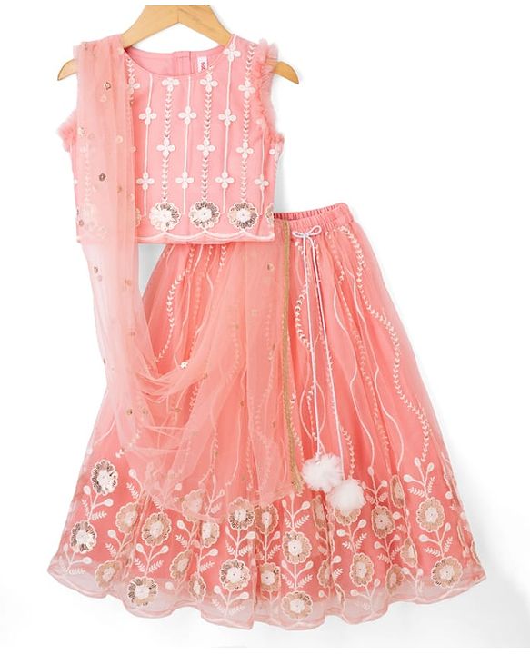 Babyhug Woven Sleeveless Embroidered Choli & Lehenga Set with Net Dupatta & Pom Pom Lace - Peach