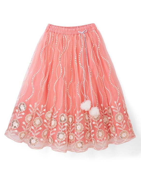 Babyhug Woven Sleeveless Embroidered Choli & Lehenga Set with Net Dupatta & Pom Pom Lace - Peach