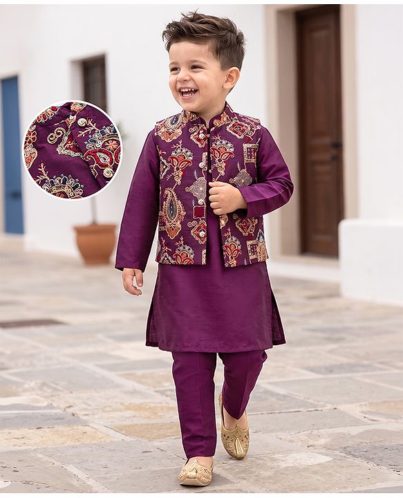 Babyhug Cotton Blend Woven Full Sleeves Solid Kurta & Pyjama Set With Embroidered Jacket - Wine