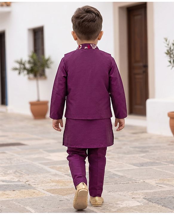 Babyhug Cotton Blend Woven Full Sleeves Solid Kurta & Pyjama Set With Embroidered Jacket - Wine