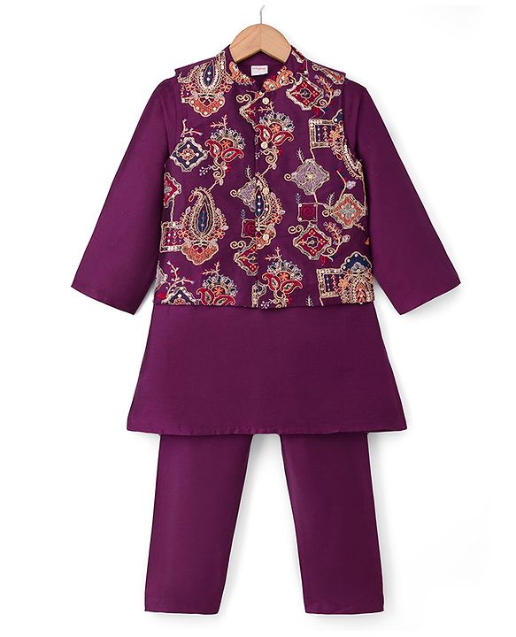 Babyhug Cotton Blend Woven Full Sleeves Solid Kurta & Pyjama Set With Embroidered Jacket - Wine