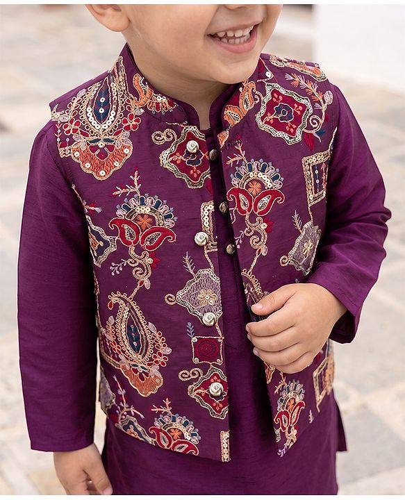 Babyhug Cotton Blend Woven Full Sleeves Solid Kurta & Pyjama Set With Embroidered Jacket - Wine