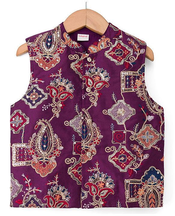 Babyhug Cotton Blend Woven Full Sleeves Solid Kurta & Pyjama Set With Embroidered Jacket - Wine