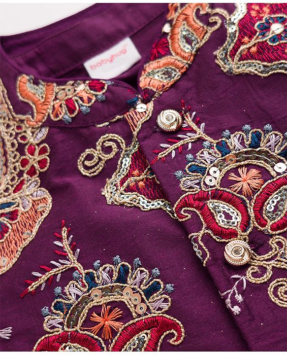 Babyhug Cotton Blend Woven Full Sleeves Solid Kurta & Pyjama Set With Embroidered Jacket - Wine