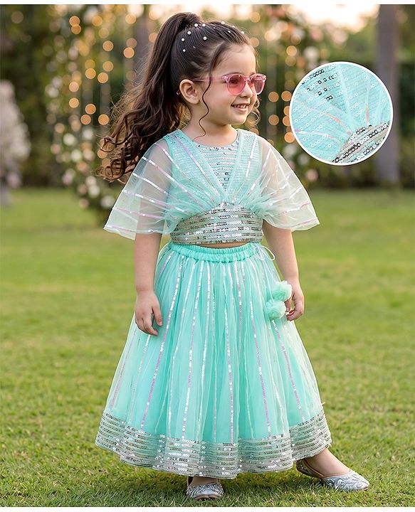 Babyhug Woven Net Half Sleeves Lehenga Choli and Dupatta with Sequins in Mint Green for 18-24 Months
