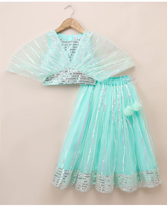 Babyhug Woven Net Half Sleeves Lehenga Choli and Dupatta with Sequins in Mint Green for 18-24 Months
