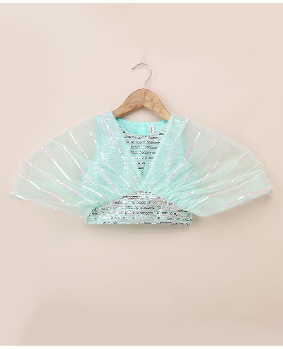 Babyhug Woven Net Half Sleeves Lehenga Choli and Dupatta with Sequins in Mint Green for 18-24 Months