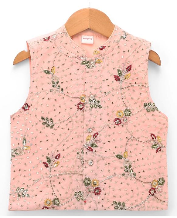 Babyhug Cotton Mix Woven Solid Kurta & Pyjama Set With Embroidered Jacket - Peach