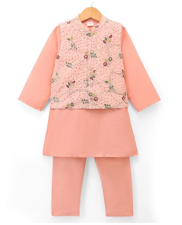 Babyhug Cotton Mix Woven Solid Kurta & Pyjama Set With Embroidered Jacket - Peach