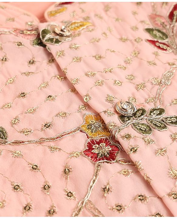 Babyhug Cotton Mix Woven Solid Kurta & Pyjama Set With Embroidered Jacket - Peach