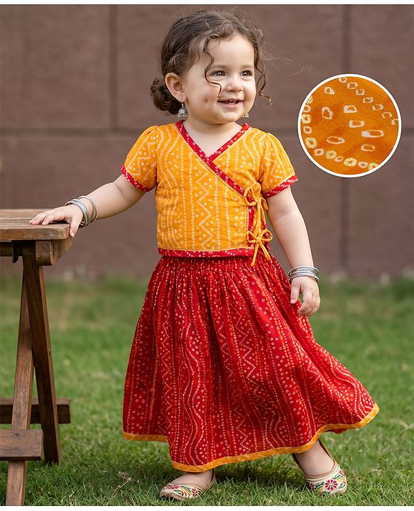 Babyhug 100% Cotton Cambric Woven Half Sleeves Lehenga and Choli Set with Bandhani Print in Red