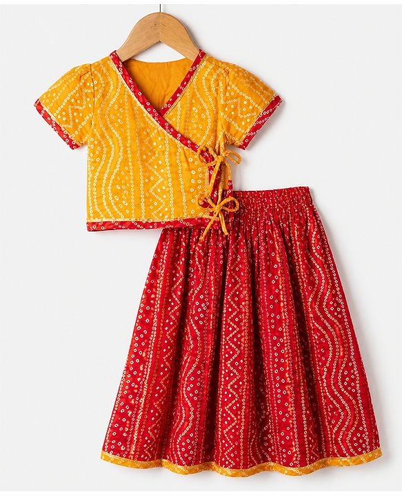 Babyhug 100% Cotton Cambric Woven Half Sleeves Lehenga and Choli Set with Bandhani Print in Red