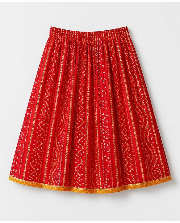 Babyhug 100% Cotton Cambric Woven Half Sleeves Lehenga and Choli Set with Bandhani Print in Red