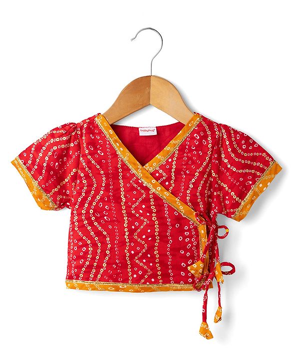 Babyhug 100% Cotton Cambric Woven Half Sleeves Bandhani Printed Choli & Lehenga Set - Red & Mustard