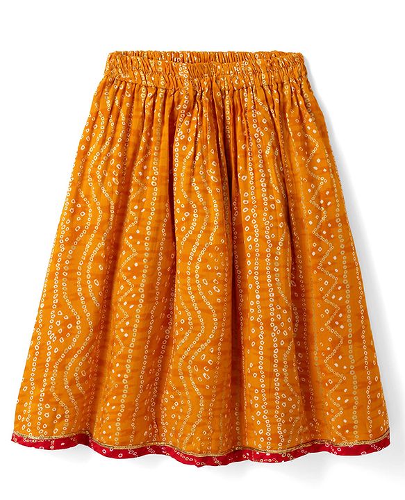 Babyhug 100% Cotton Cambric Woven Half Sleeves Bandhani Printed Choli & Lehenga Set - Red & Mustard