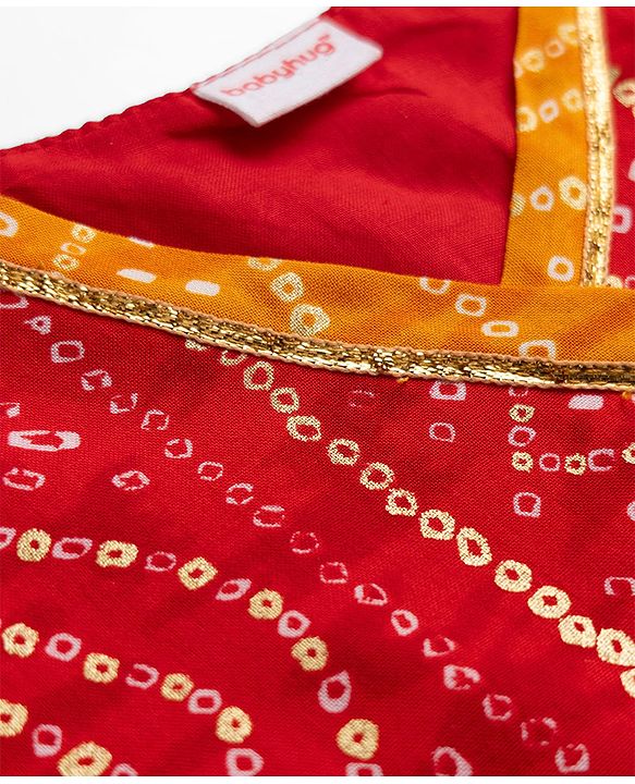 Babyhug 100% Cotton Cambric Woven Half Sleeves Bandhani Printed Choli & Lehenga Set - Red & Mustard