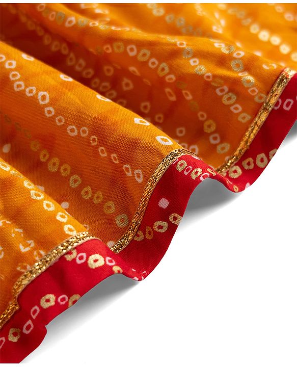 Babyhug 100% Cotton Cambric Woven Half Sleeves Bandhani Printed Choli & Lehenga Set - Red & Mustard