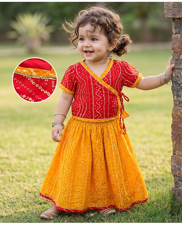 Babyhug 100% Cotton Cambric Woven Half Sleeves Bandhani Printed Choli & Lehenga Set - Red & Mustard