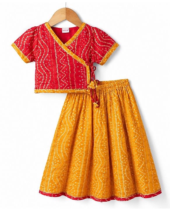 Babyhug 100% Cotton Cambric Woven Half Sleeves Bandhani Printed Choli & Lehenga Set - Red & Mustard