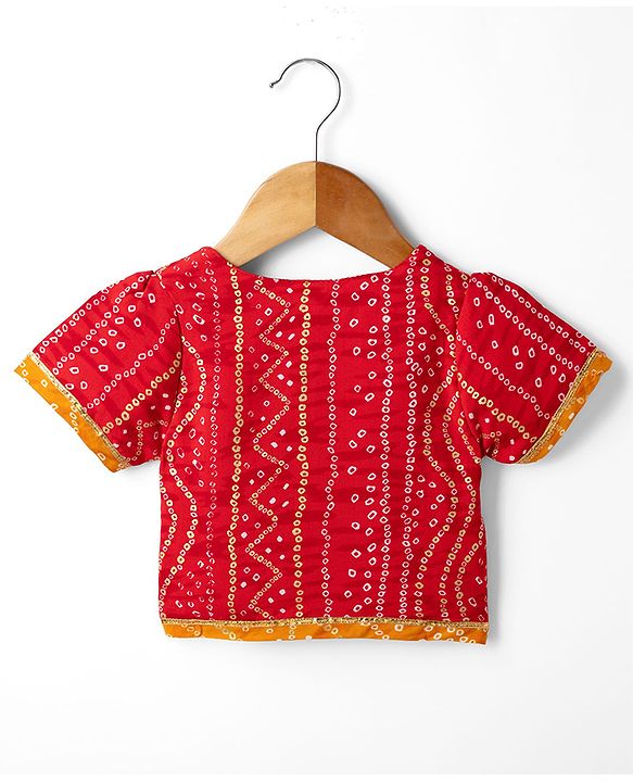 Babyhug 100% Cotton Cambric Woven Half Sleeves Bandhani Printed Choli & Lehenga Set - Red & Mustard