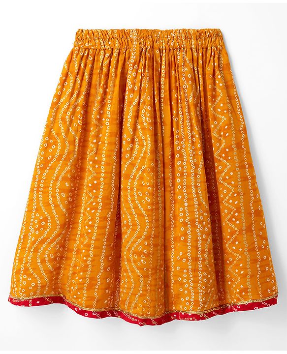 Babyhug 100% Cotton Cambric Woven Half Sleeves Bandhani Printed Choli & Lehenga Set - Red & Mustard