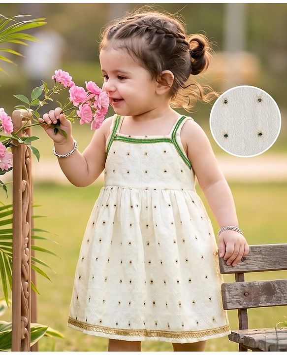 Babyhug Brocade Woven Pattu Ethnic Dresses with Sleeveless and Dot Embroidery - White