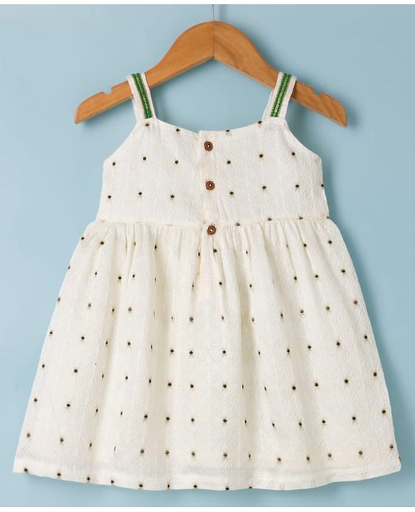 Babyhug Brocade Woven Pattu Ethnic Dresses with Sleeveless and Dot Embroidery - White