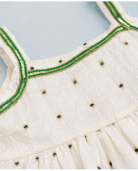 Babyhug Brocade Woven Pattu Ethnic Dresses with Sleeveless and Dot Embroidery - White