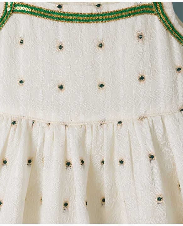 Babyhug Brocade Woven Pattu Ethnic Dresses with Sleeveless and Dot Embroidery - White