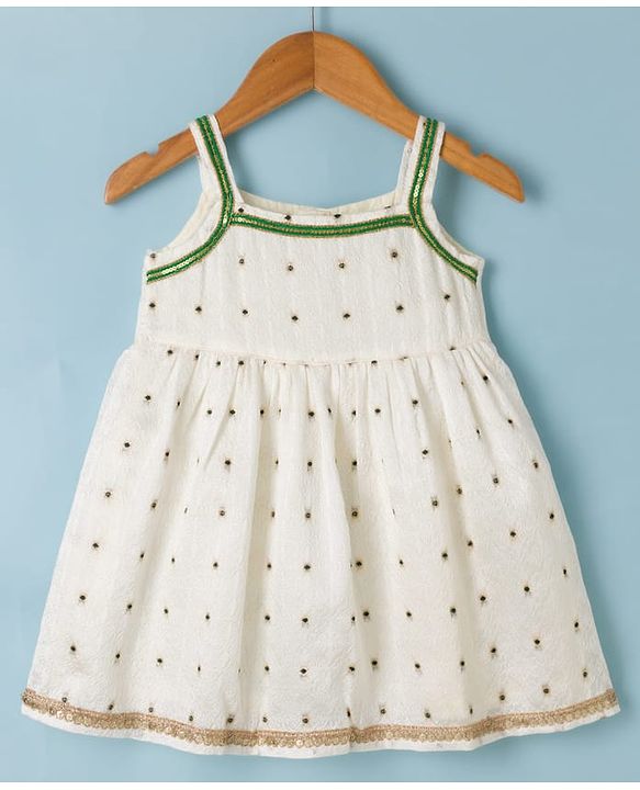 Babyhug Brocade Woven Pattu Ethnic Dresses with Sleeveless and Dot Embroidery - White