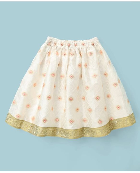 Babyhug Brocade Woven Lehenga and Choli with Half Sleeves and Diamond Pattern Embroidery in White for New born