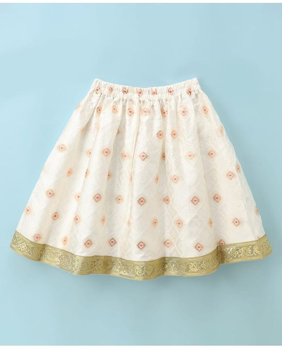 Babyhug Brocade Woven Lehenga and Choli with Half Sleeves and Diamond Pattern Embroidery in White for New born