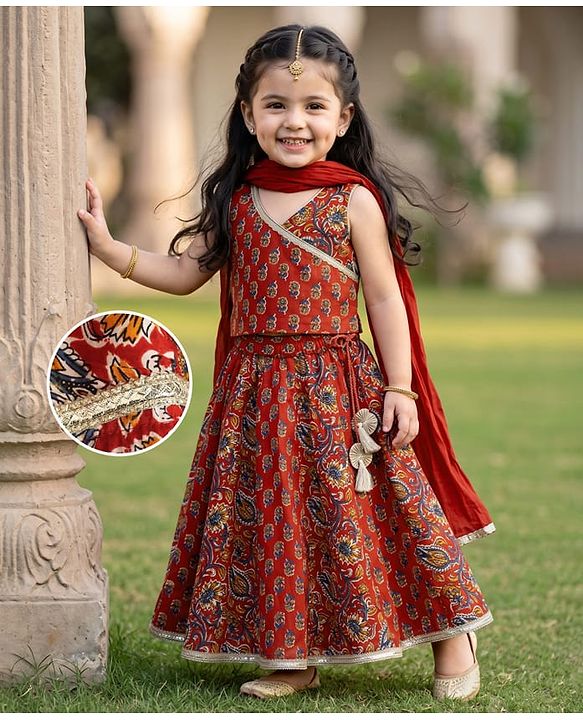 Babyhug 100% Cotton Cambric Woven Sleeveless Lehenga, Choli and Dupatta Set With Floral Print - Maroon