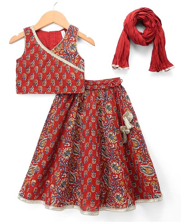 Babyhug 100% Cotton Cambric Woven Sleeveless Lehenga, Choli and Dupatta Set With Floral Print - Maroon